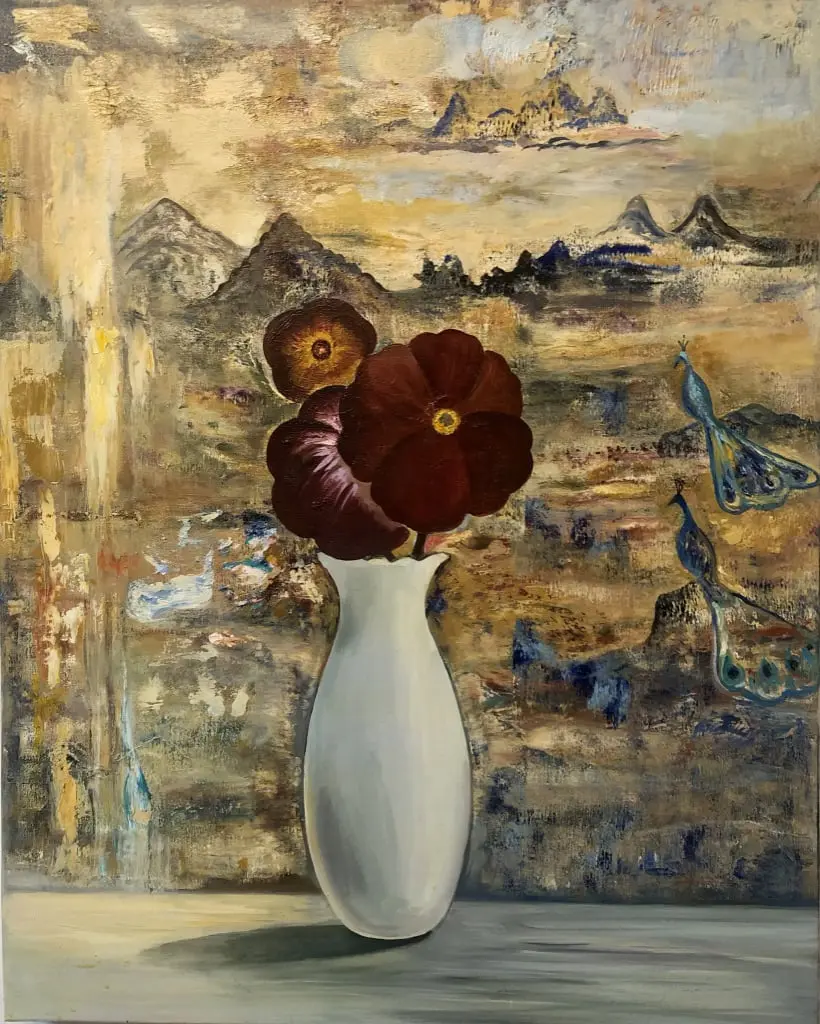 Peacocks and Pyramids oil on canvas  30" x 24" 2021 o
